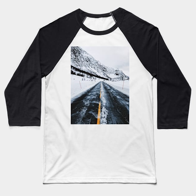 Driving Norway - Road Through Mountainous White Winter Landscape Baseball T-Shirt by visualspectrum